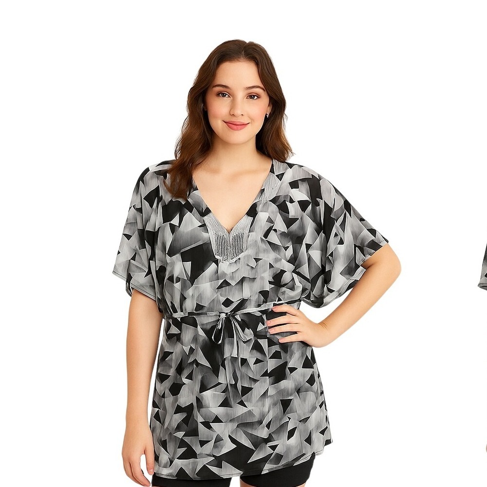 AB Studio Top Blouse‎ Grey White Black Kimono Sequin Drawstring Pullover Boho M